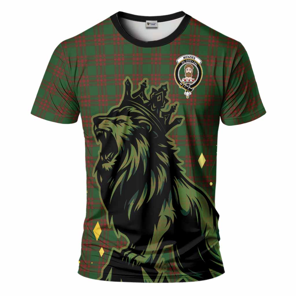 Menzies Tartan Family Crest T-Shirt Crowned Lion Roaring