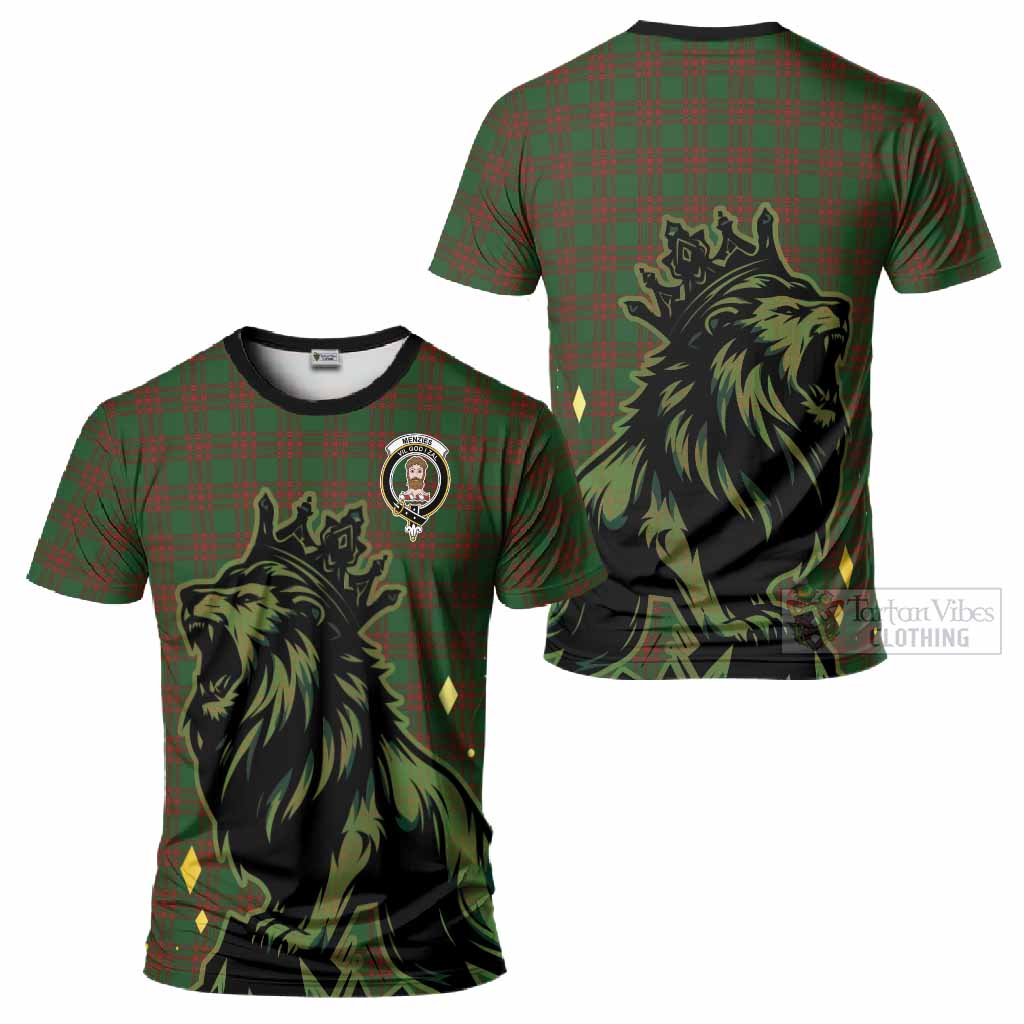 Menzies Tartan Family Crest T-Shirt Crowned Lion Roaring