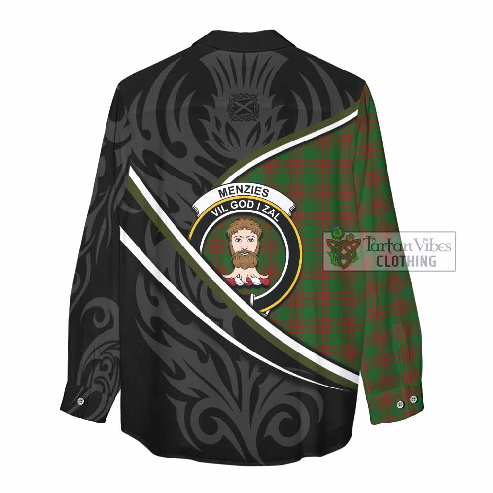 Menzies Tartan Family Crest Women Casual Shirt Celtic Scottish Thistle Floral - Tartan Vibes Clothing