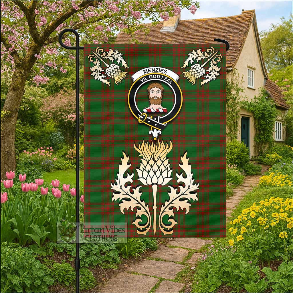 Menzies Tartan Garden Flag with Golden Regal Scottish Thistle Emblem - Tartan Vibes Clothing