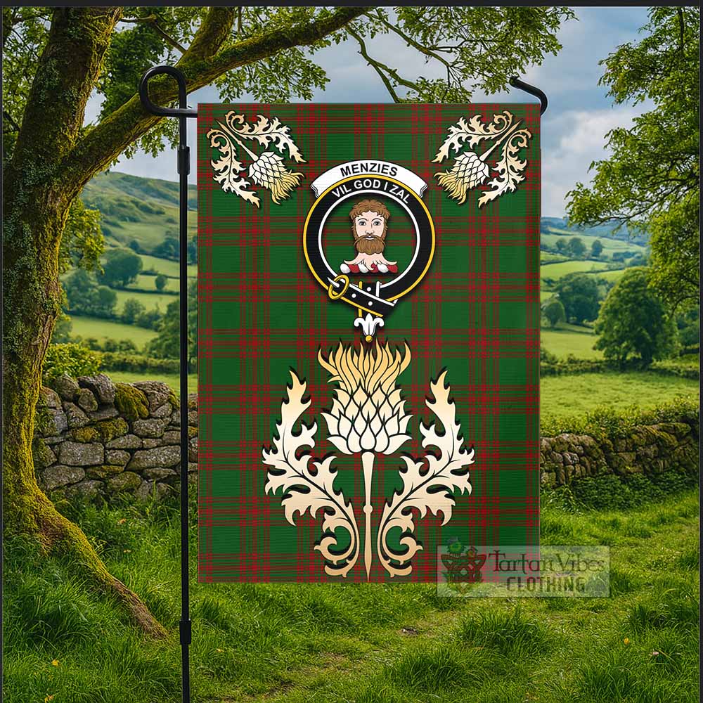 Menzies Tartan Garden Flag with Golden Regal Scottish Thistle Emblem - Tartan Vibes Clothing