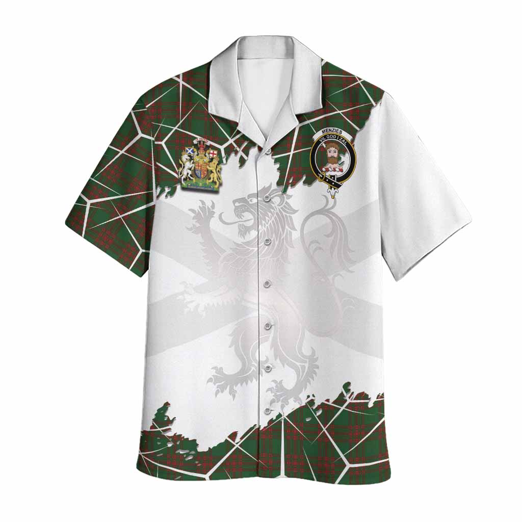 Menzies Tartan Hawaiian Shirt with Family Crest and Lion Rampant Grunge Style