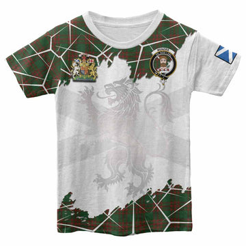 Menzies Tartan Kid T-shirt with Family Crest and Lion Rampant Grunge Style