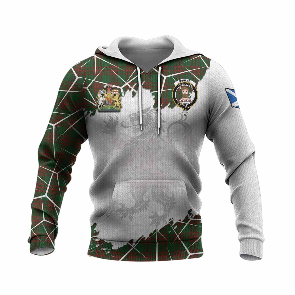 Menzies Tartan Knitted Hoodie with Family Crest and Lion Rampant Grunge Style