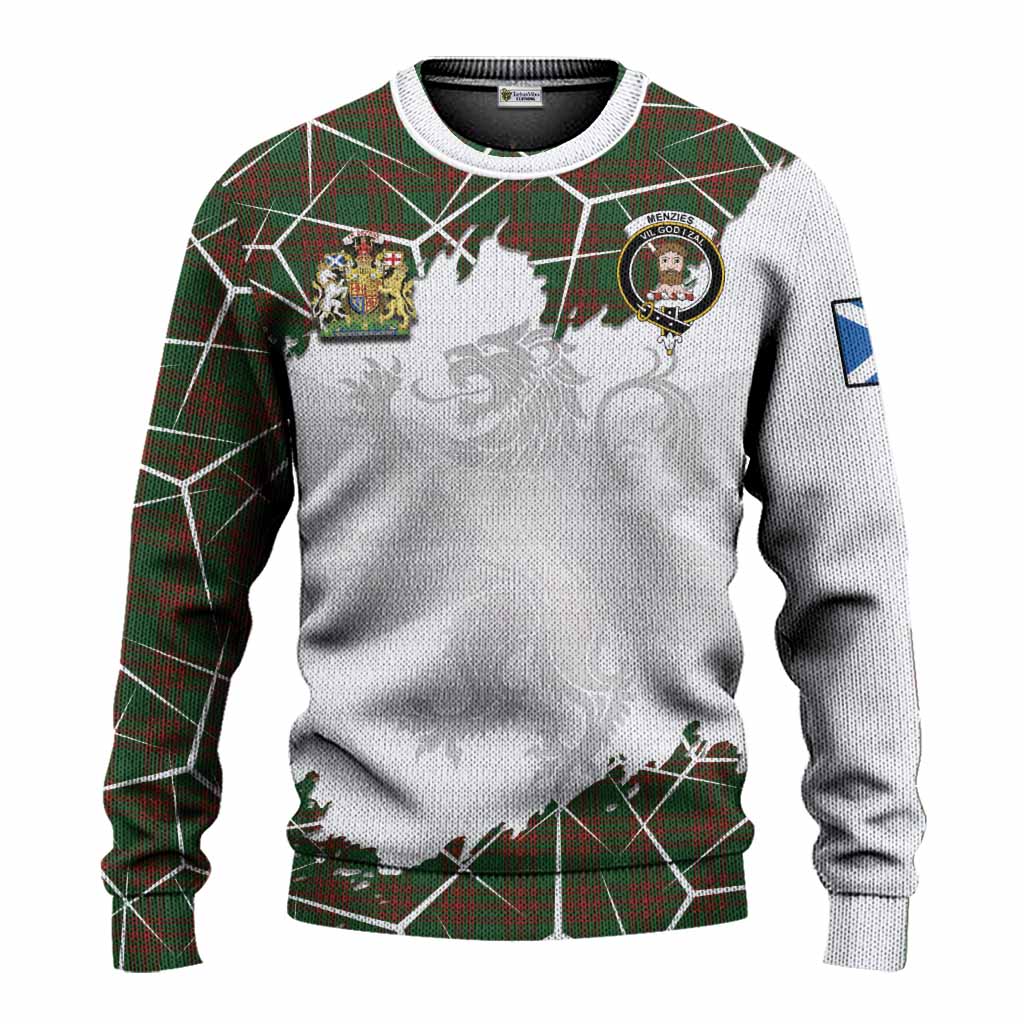 Menzies Tartan Knitted Sweater with Family Crest and Lion Rampant Grunge Style