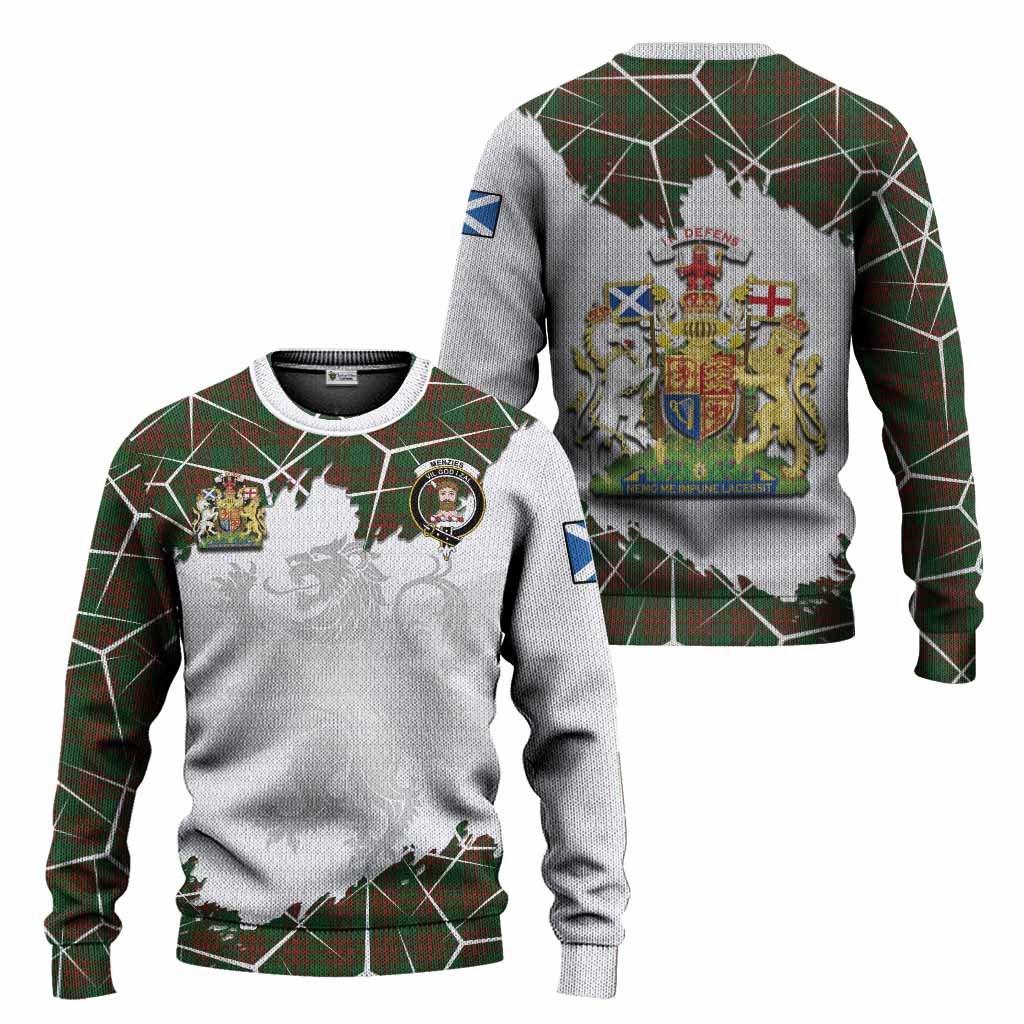 Menzies Tartan Knitted Sweater with Family Crest and Lion Rampant Grunge Style