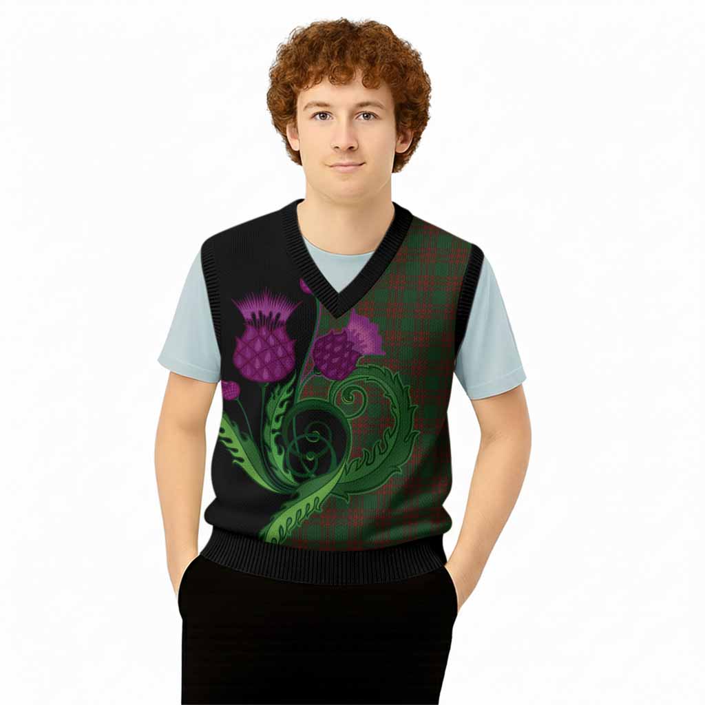 Menzies Tartan Knitted V-Neck Vest Traditional Scottish Thistle