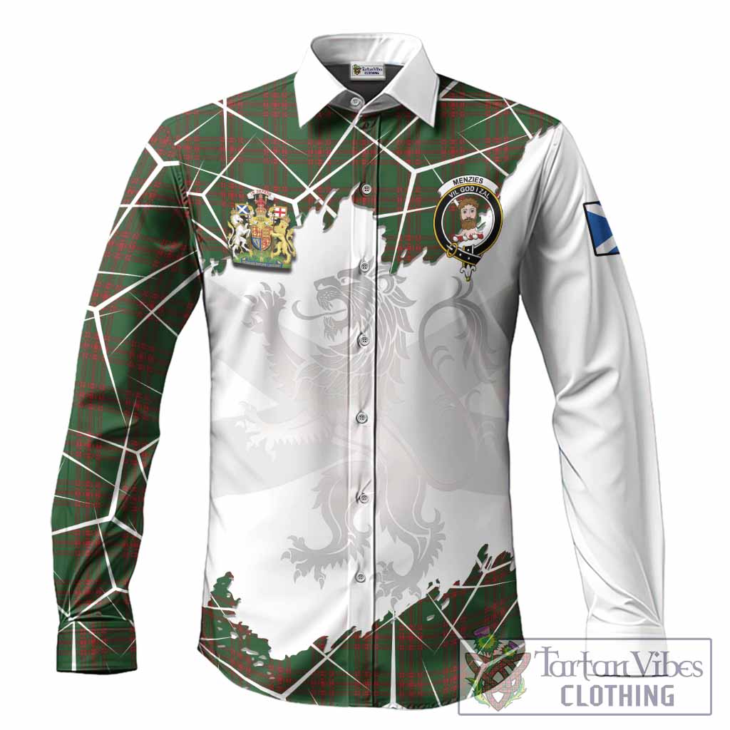 Menzies Tartan Long Sleeve Button Shirts with Family Crest and Lion Rampant Grunge Style