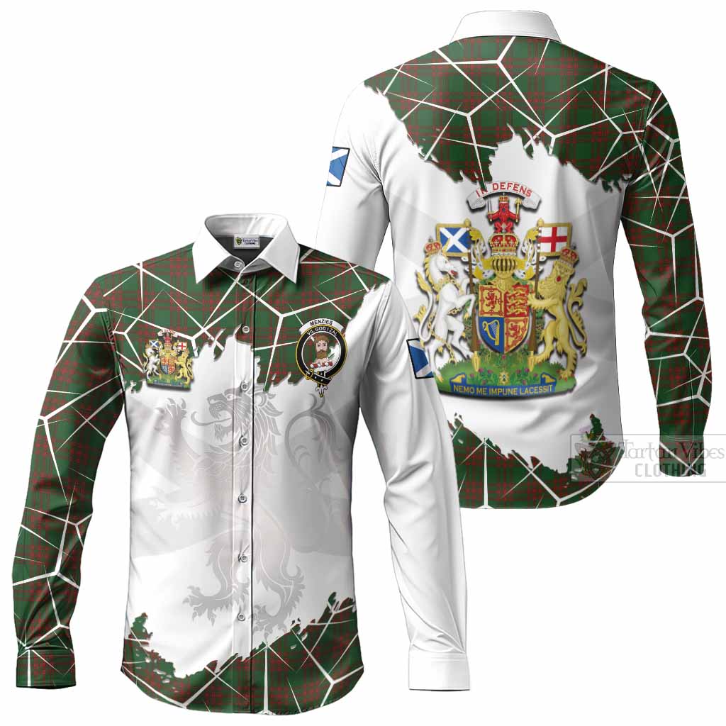 Menzies Tartan Long Sleeve Button Shirts with Family Crest and Lion Rampant Grunge Style