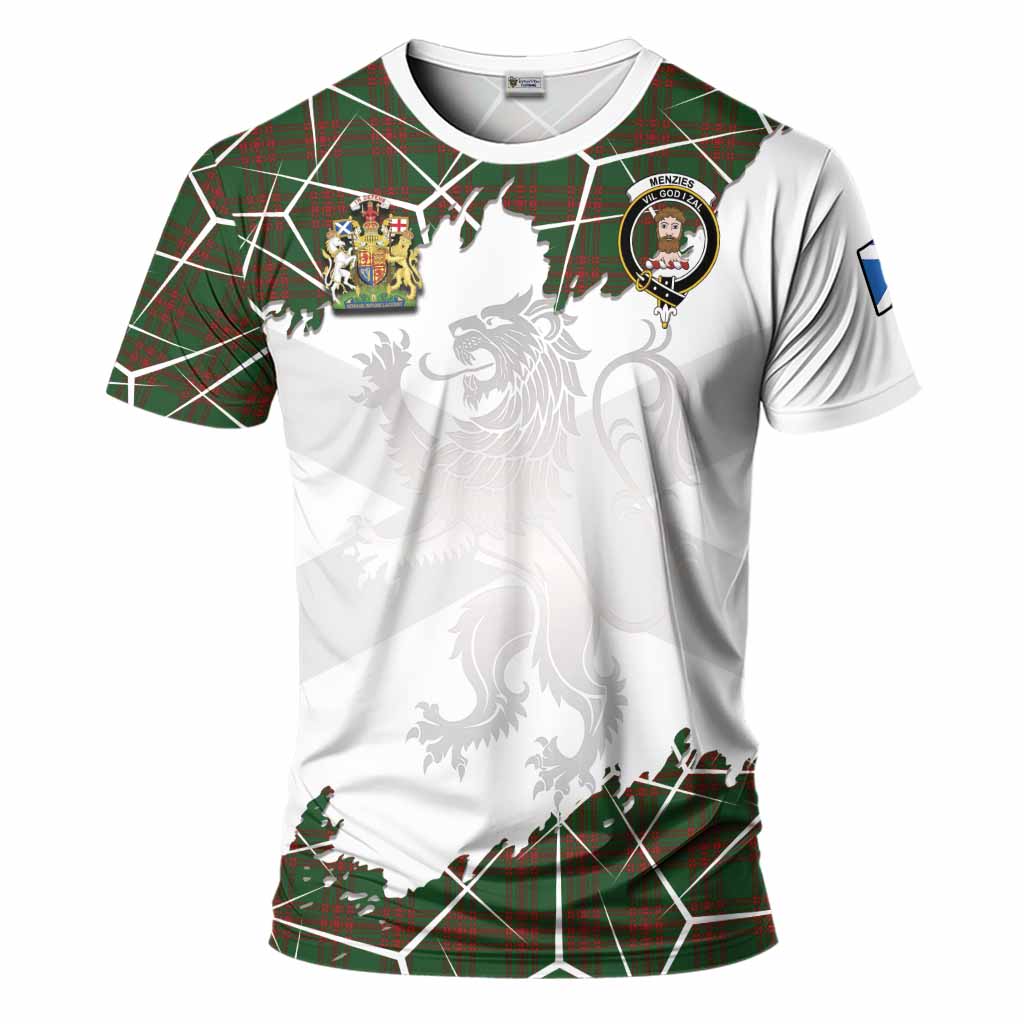 Menzies Tartan T-Shirt with Family Crest and Lion Rampant Grunge Style