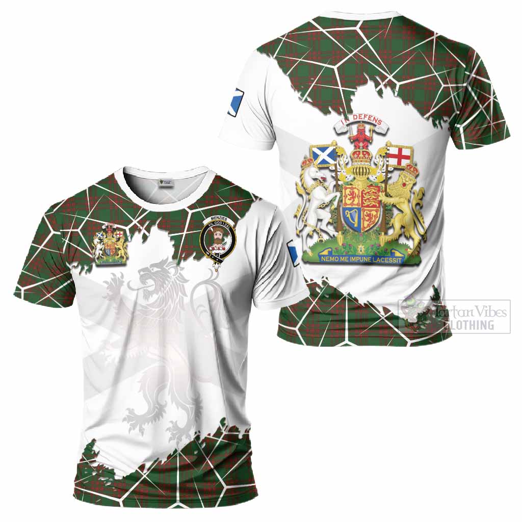 Menzies Tartan T-Shirt with Family Crest and Lion Rampant Grunge Style