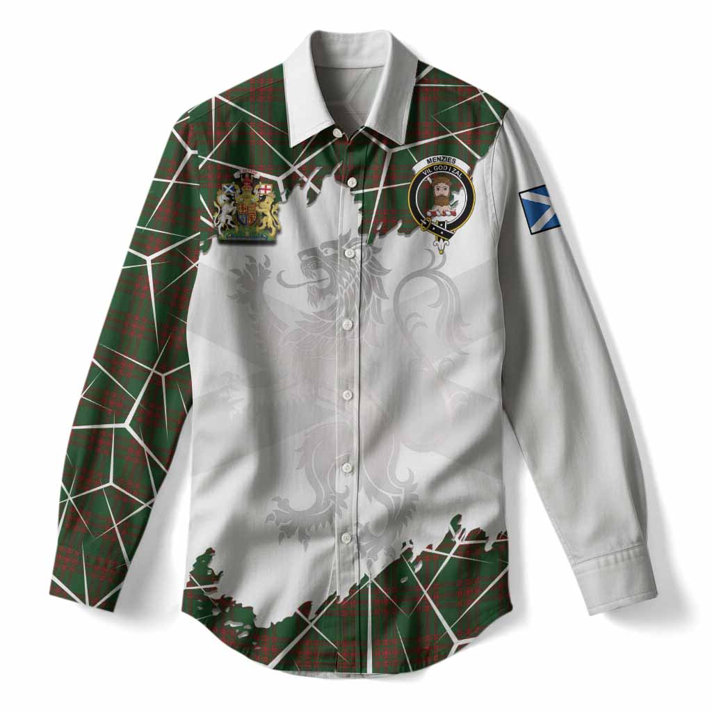 Menzies Tartan Women Casual Shirt with Family Crest and Lion Rampant Grunge Style