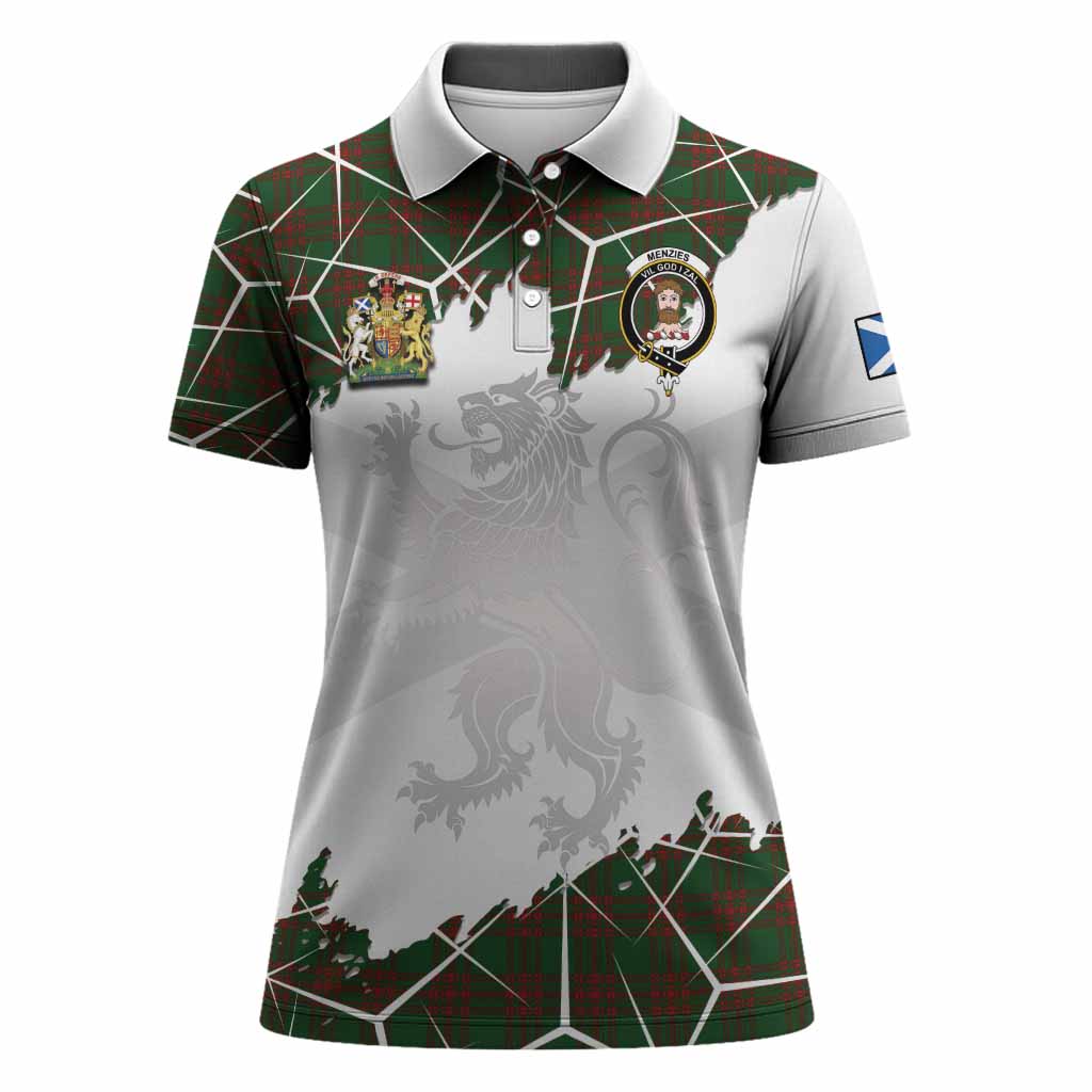 Menzies Tartan Women Polo Shirt with Family Crest and Lion Rampant Grunge Style