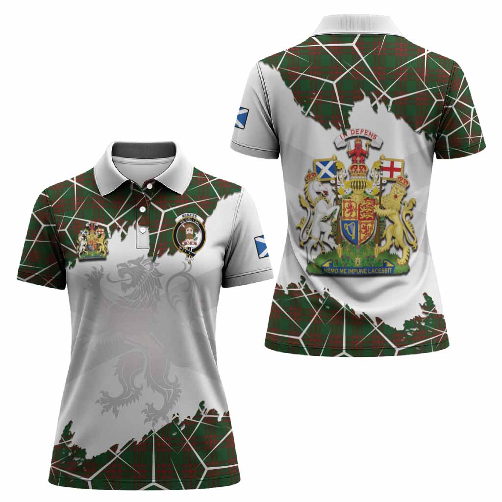 Menzies Tartan Women Polo Shirt with Family Crest and Lion Rampant Grunge Style