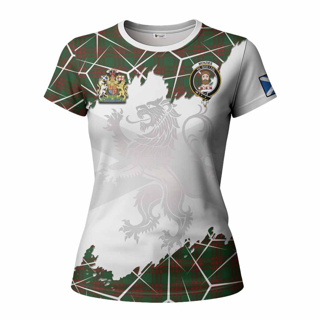 Menzies Tartan Women T shirt with Family Crest and Lion Rampant Grunge Style