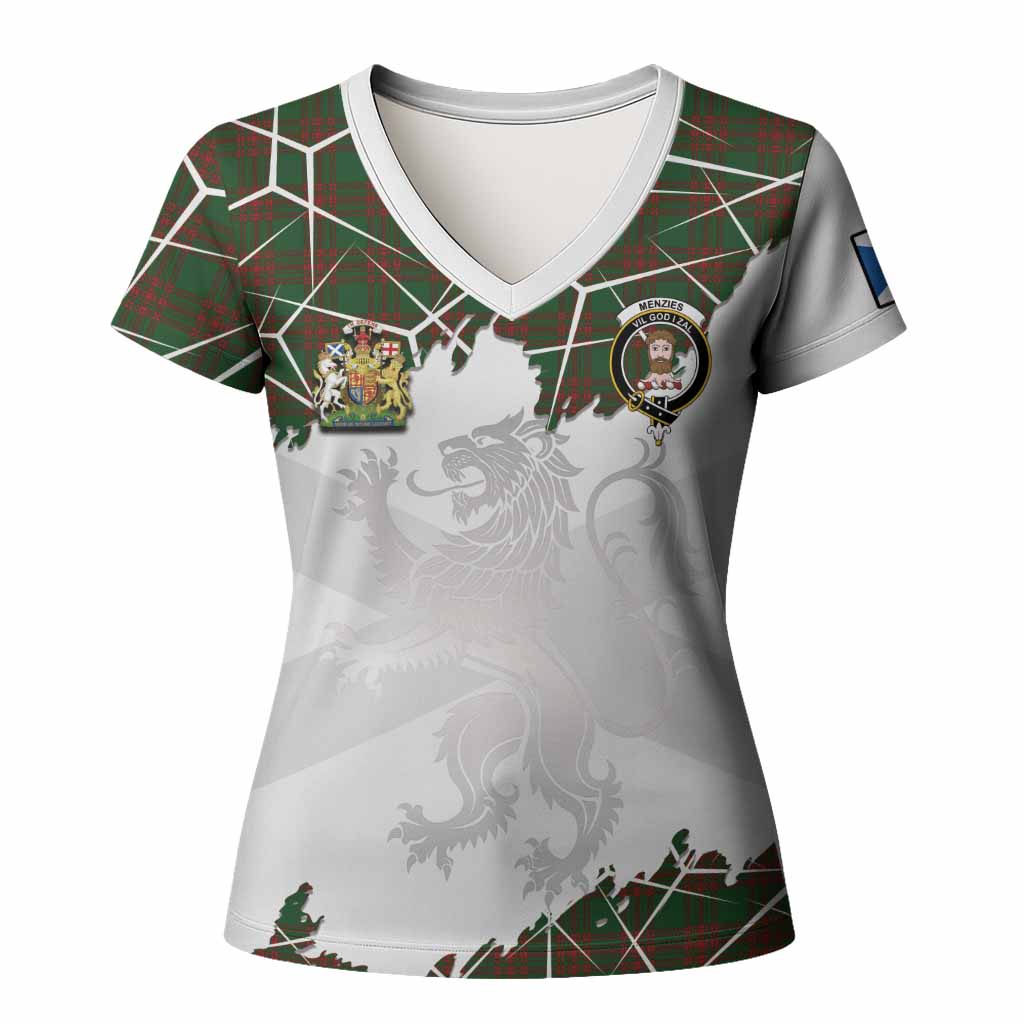 Menzies Tartan Women T shirt with Family Crest and Lion Rampant Grunge Style