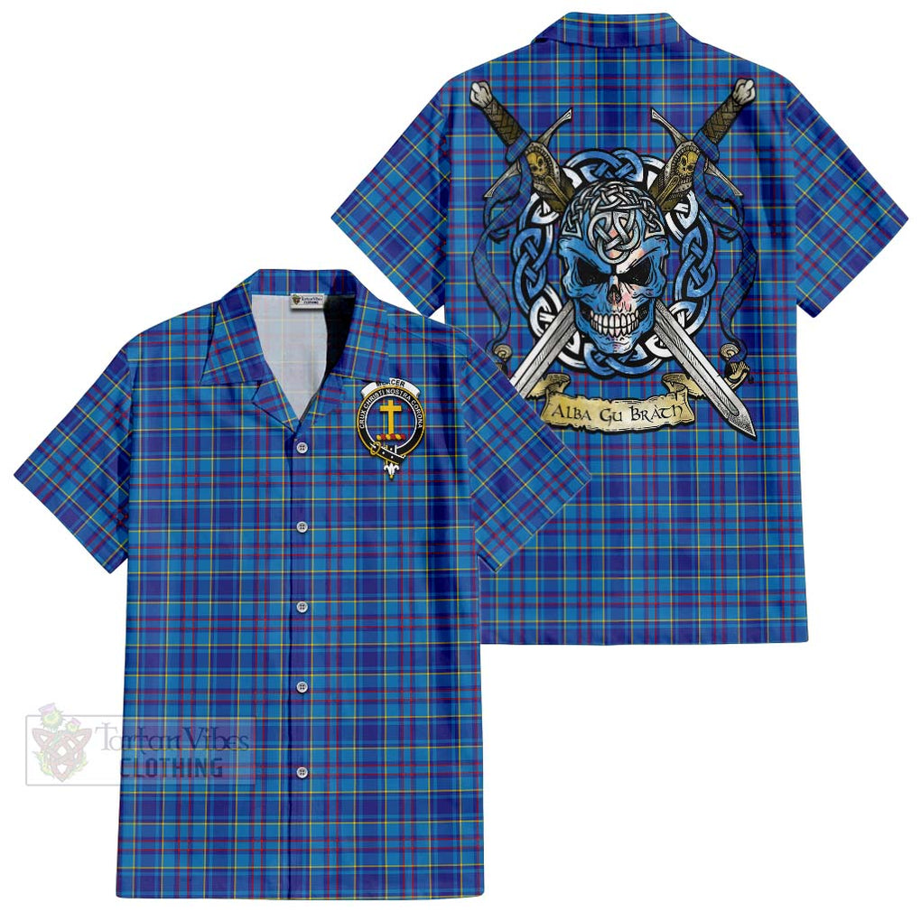 Tartan Vibes Clothing Mercer Tartan Short Sleeve Button Shirt with Family Crest Celtic Skull Style