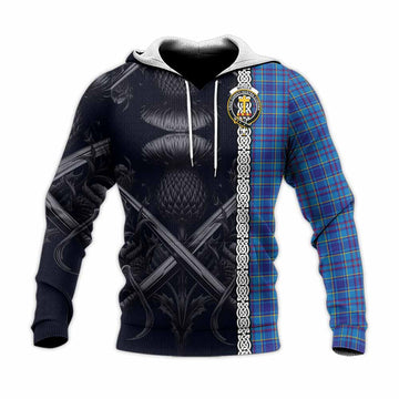 Tartan Vibes Clothing Mercer Tartan Knitted Hoodie with Family Crest Cross Sword Thistle Celtic Vibes