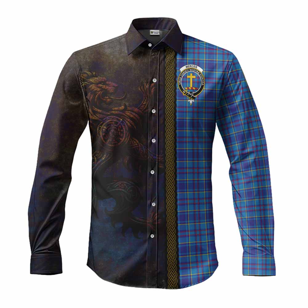 Tartan Vibes Clothing Mercer Tartan Family Crest Long Sleeve Button Shirt Alba Gu Brath Be Brave Lion Ancient Style