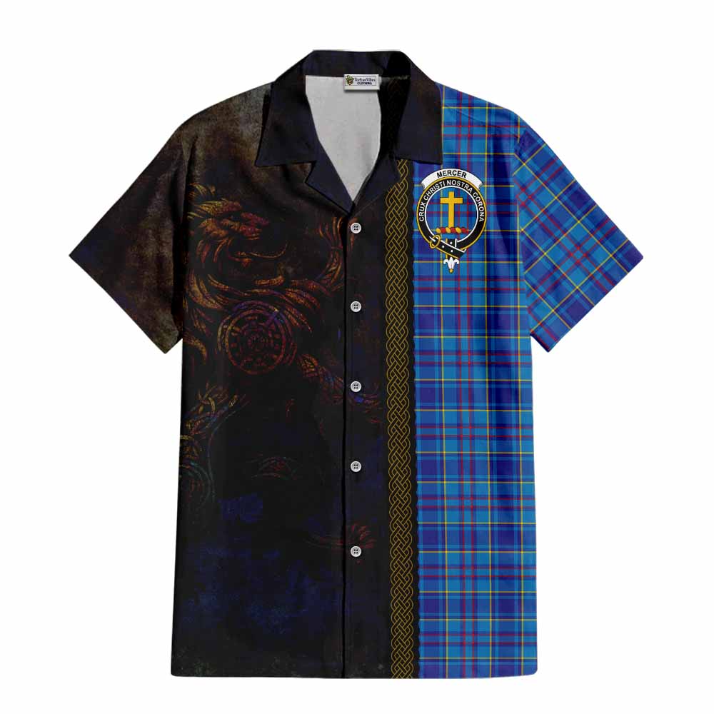 Tartan Vibes Clothing Mercer Tartan Family Crest Short Sleeve Button Shirt Alba Gu Brath Be Brave Lion Ancient Style