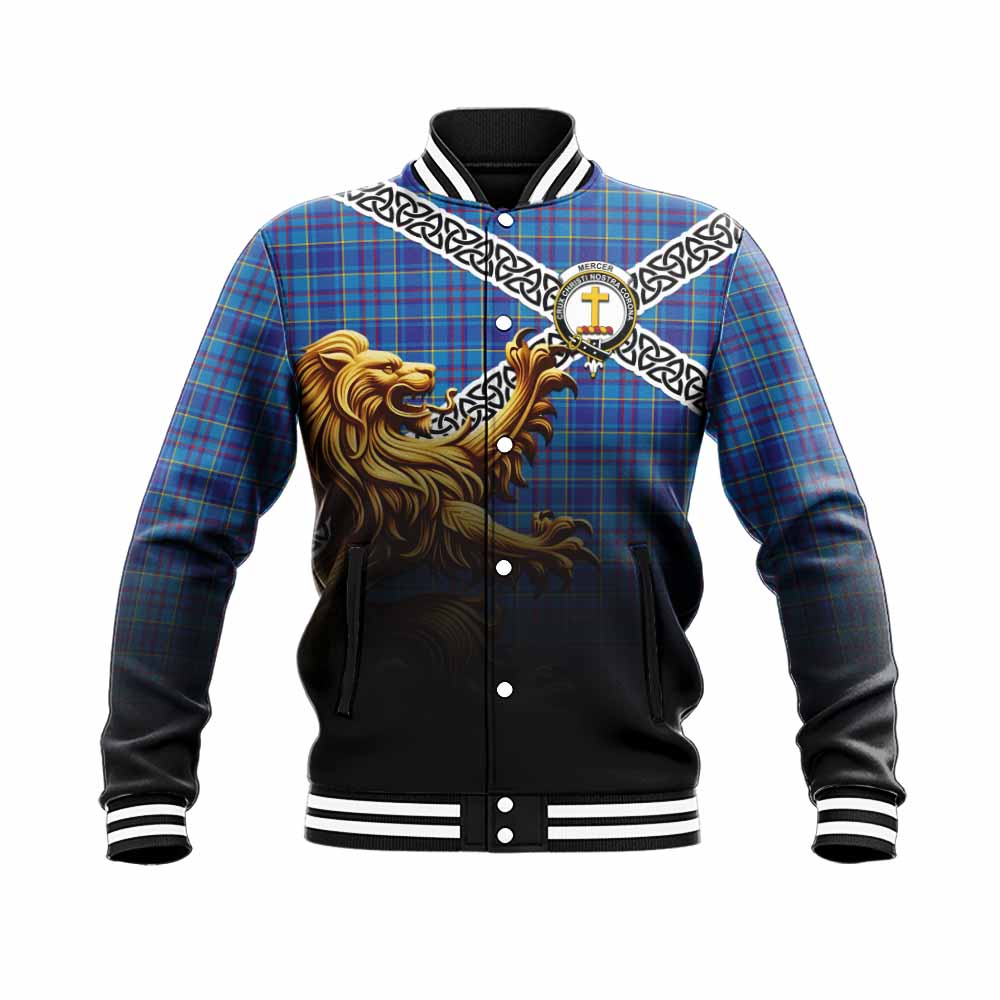 Tartan Vibes Clothing Mercer Crest Tartan Baseball Jacket with Golden Lion Emblem Celtic Style