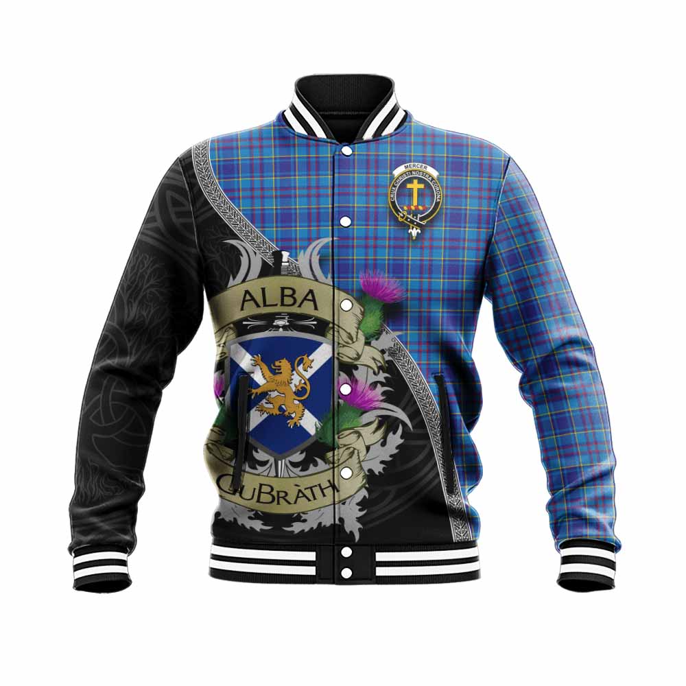 Tartan Vibes Clothing Mercer Tartan Family Crest Baseball Jacket Lion Rampant Royal Thistle Shield Celtic Inspired