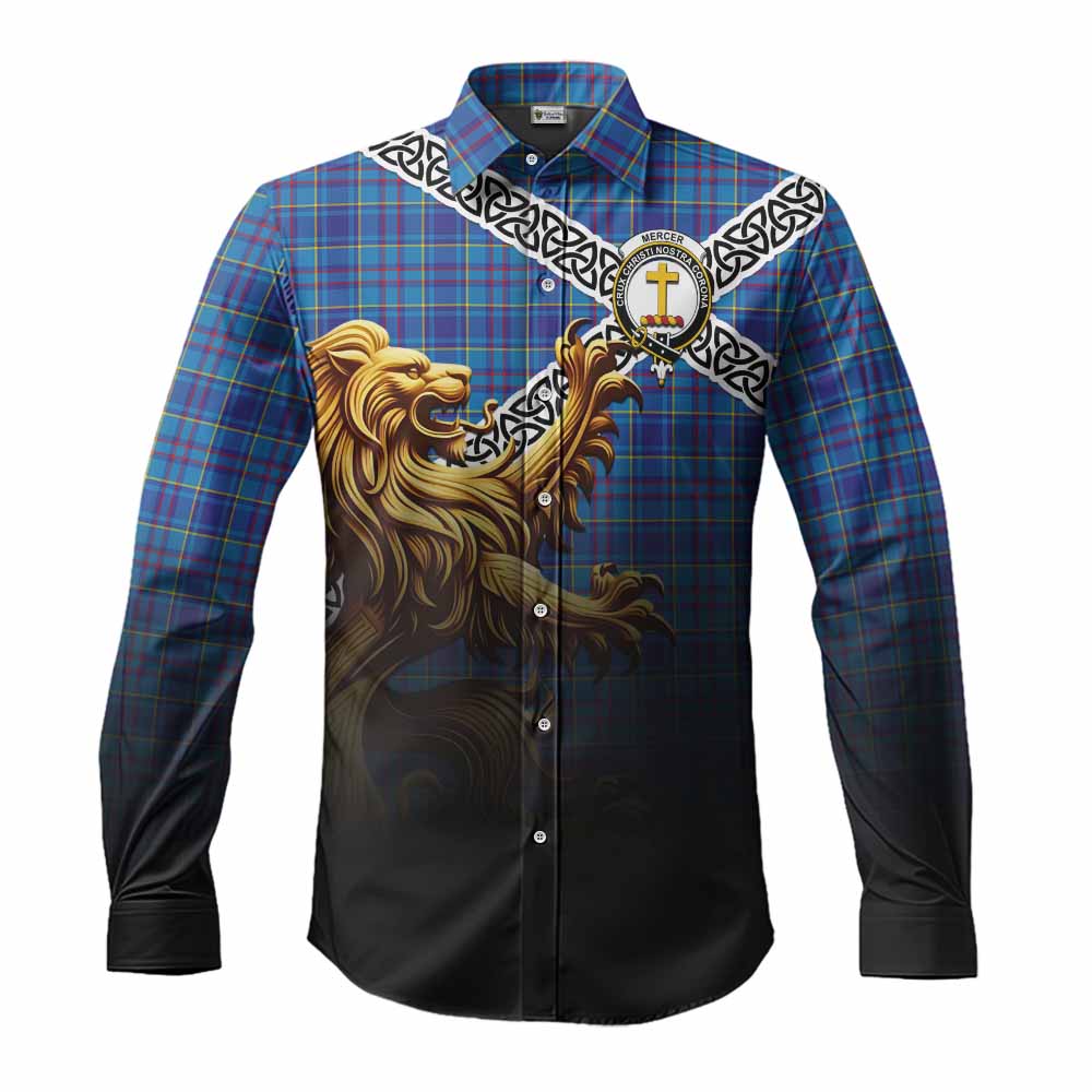 Tartan Vibes Clothing Mercer Crest Tartan Long Sleeve Button Shirt with Golden Lion Emblem Celtic Style