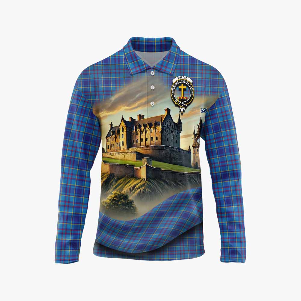 Tartan Vibes Clothing Mercer Tartan Family Crest Long Sleeve Polo Shirt with Scottish Ancient Castle Style