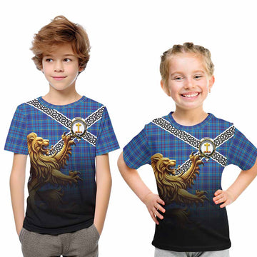Mercer Crest Tartan Kid T-Shirt with Golden Lion Emblem Celtic Style