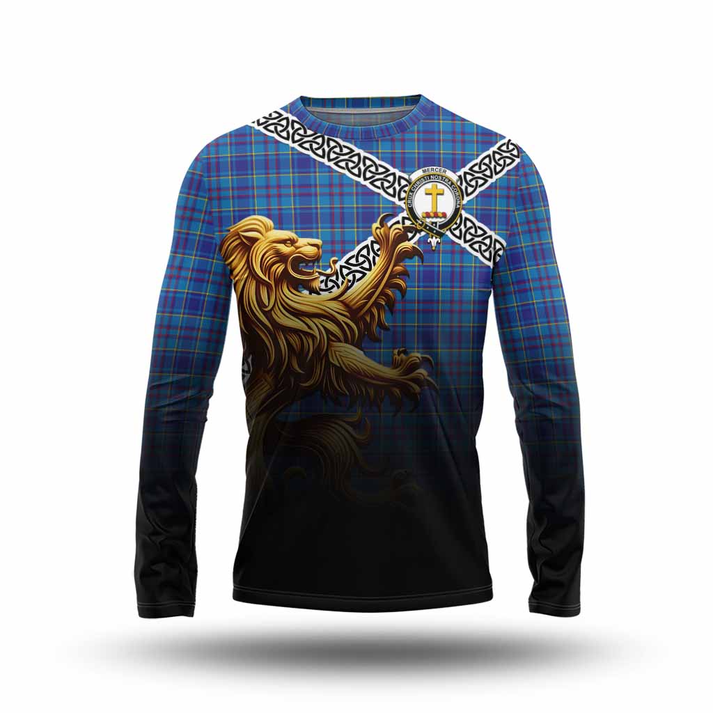 Tartan Vibes Clothing Mercer Crest Tartan Long Sleeve T-Shirt with Golden Lion Emblem Celtic Style