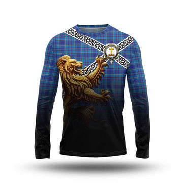 Tartan Vibes Clothing Mercer Crest Tartan Long Sleeve T-Shirt with Golden Lion Emblem Celtic Style