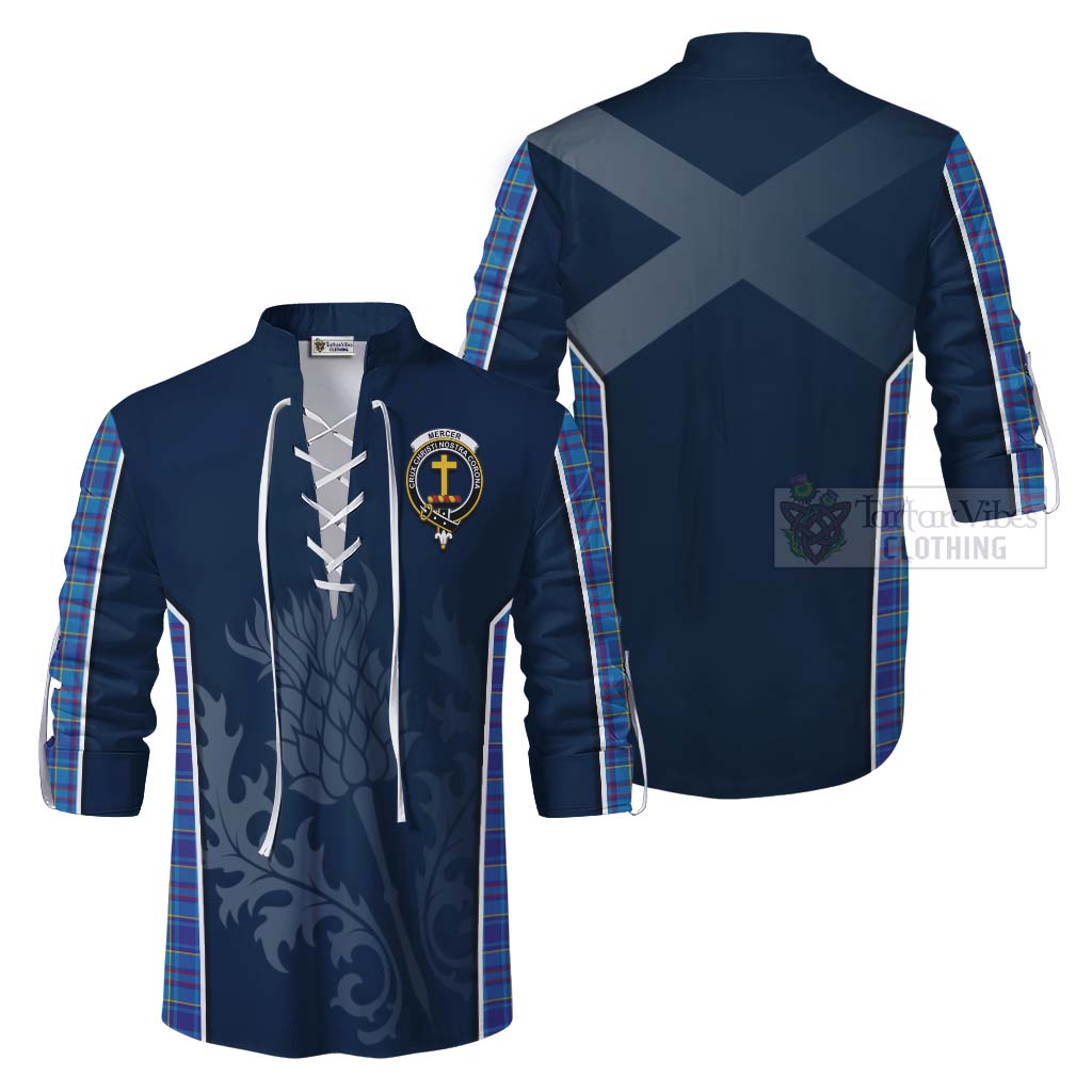 Tartan Vibes Clothing Mercer Tartan Ghillie Kilt Shirt with Family Crest and Scottish Thistle Vibes Sport Style