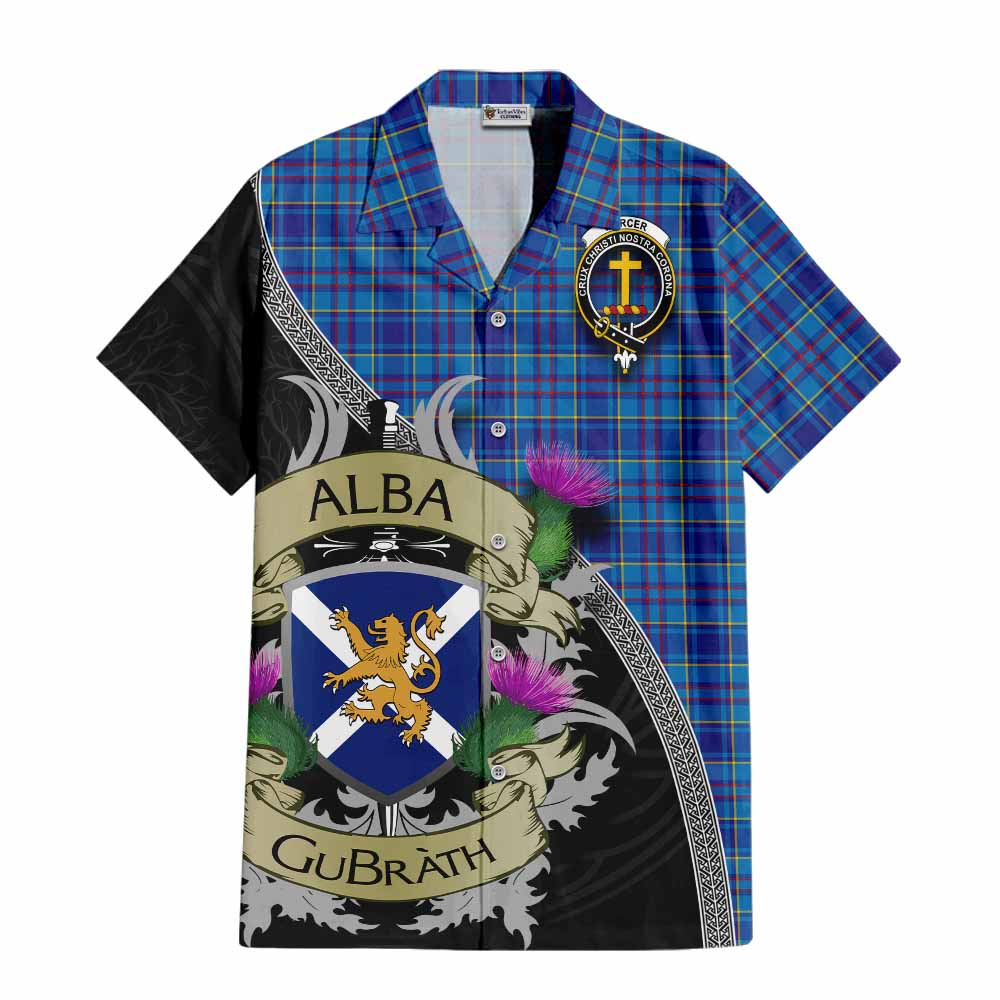 Tartan Vibes Clothing Mercer Tartan Family Crest Short Sleeve Button Shirt Lion Rampant Royal Thistle Shield Celtic Inspired