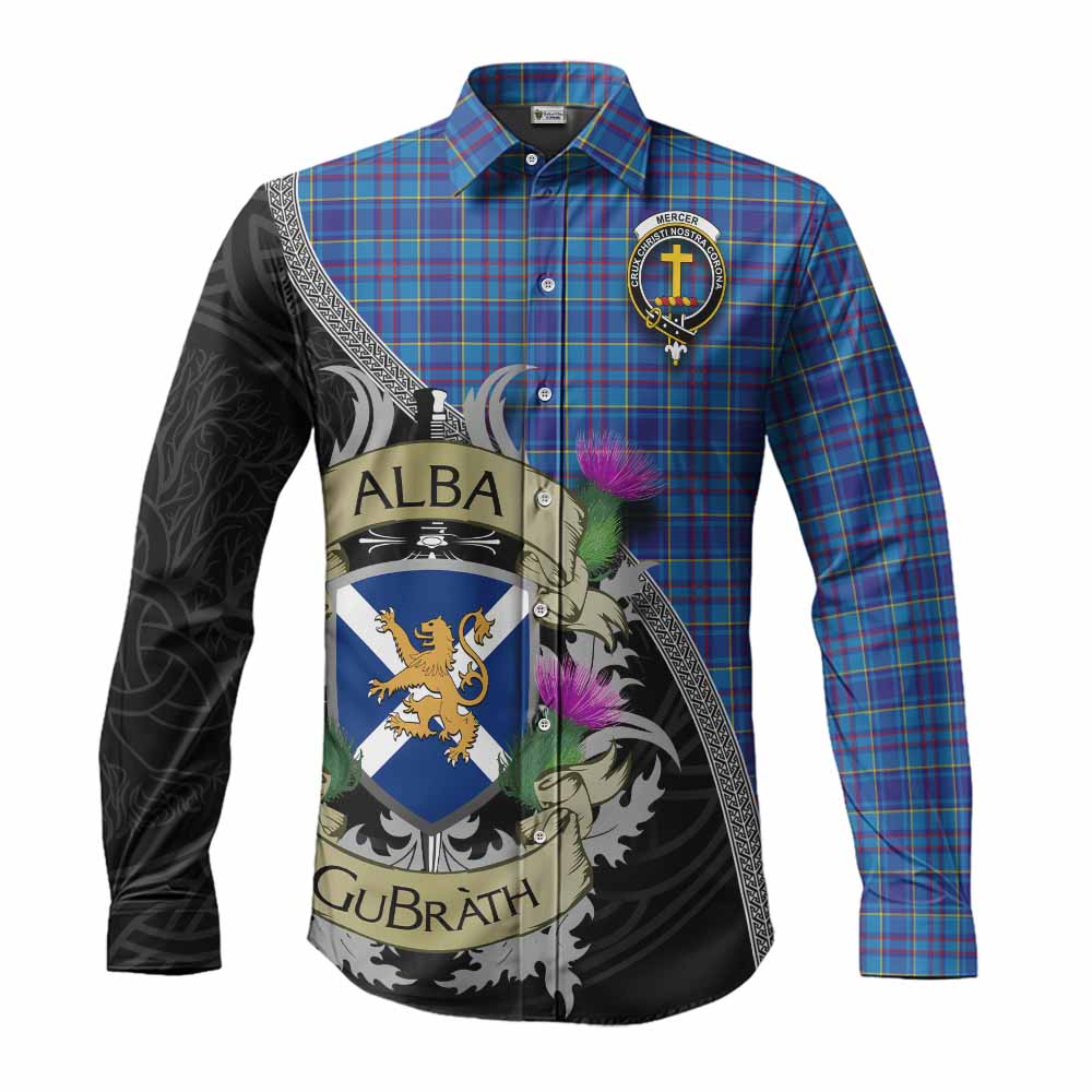 Tartan Vibes Clothing Mercer Tartan Family Crest Long Sleeve Button Shirt Lion Rampant Royal Thistle Shield Celtic Inspired