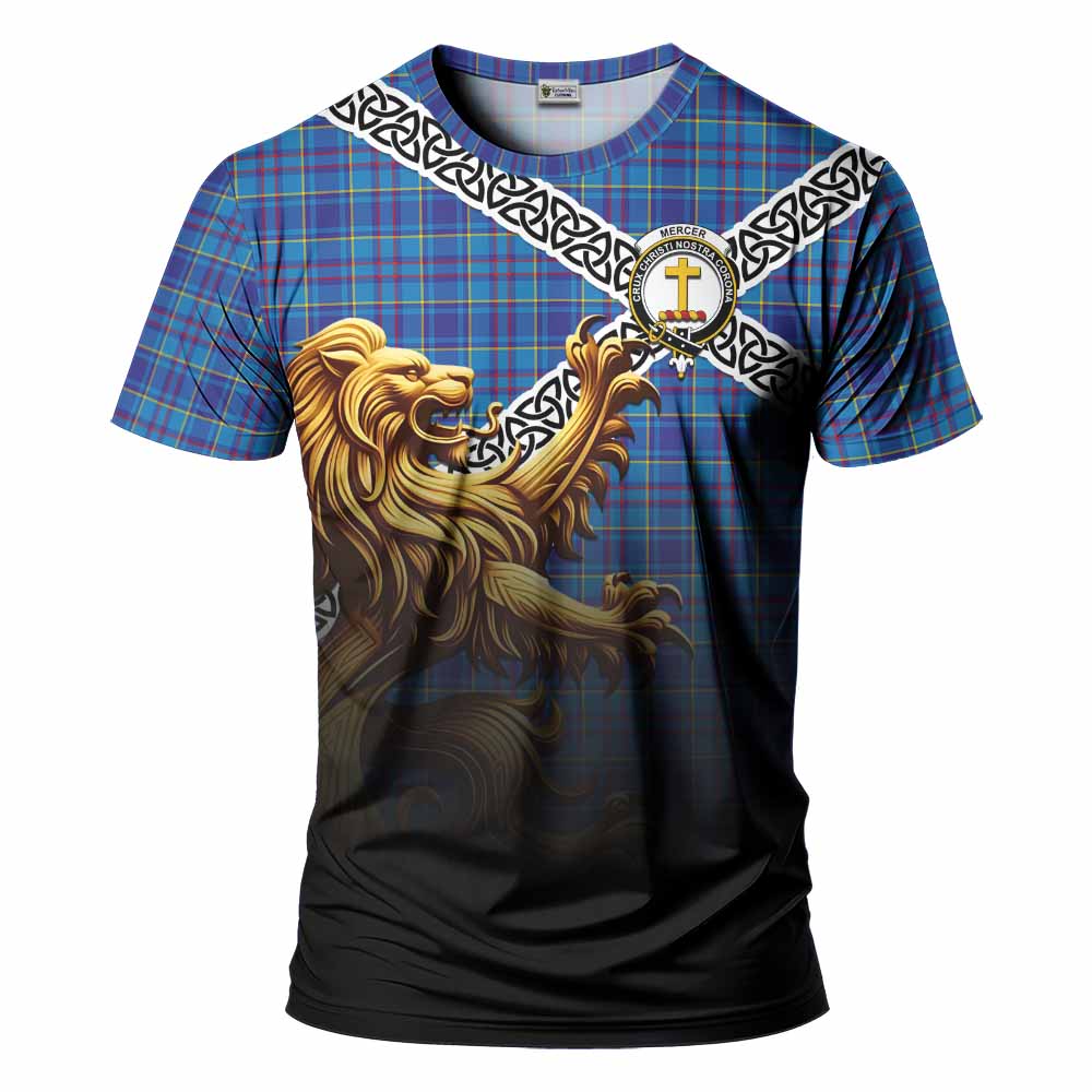 Tartan Vibes Clothing Mercer Crest Tartan T-Shirt with Golden Lion Emblem Celtic Style