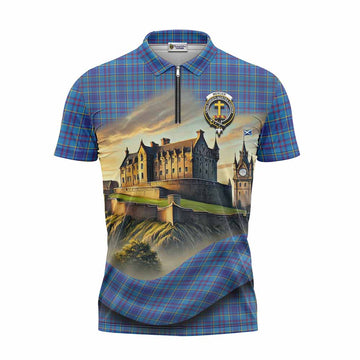 Mercer Tartan Family Crest Zipper Polo Shirt with Scottish Ancient Castle Style