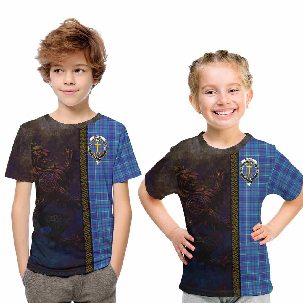 Tartan Vibes Clothing Mercer Tartan Family Crest Kid T-Shirt Alba Gu Brath Be Brave Lion Ancient Style