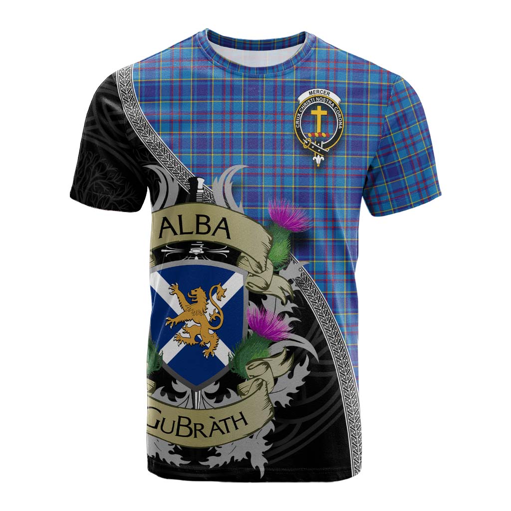 Tartan Vibes Clothing Mercer Tartan Family Crest Cotton T-shirt Lion Rampant Royal Thistle Shield Celtic Inspired