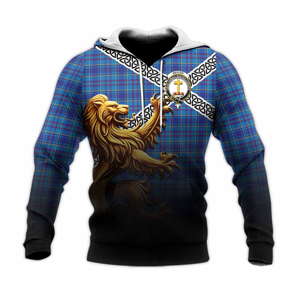 Tartan Vibes Clothing Mercer Crest Tartan Knitted Hoodie with Golden Lion Emblem Celtic Style