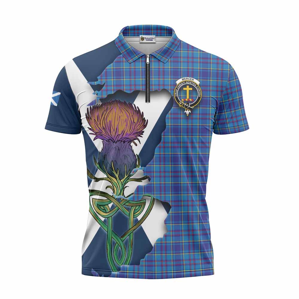 Tartan Vibes Clothing Mercer Tartan Family Crest Zipper Polo Shirt Scottish Thistle Celtic Inspired