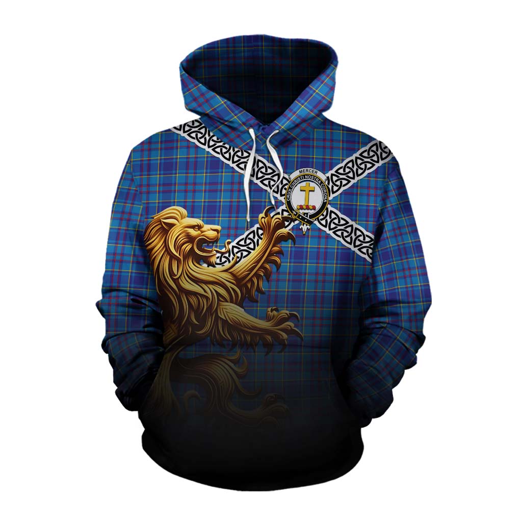 Tartan Vibes Clothing Mercer Crest Tartan Cotton Hoodie with Golden Lion Emblem Celtic Style