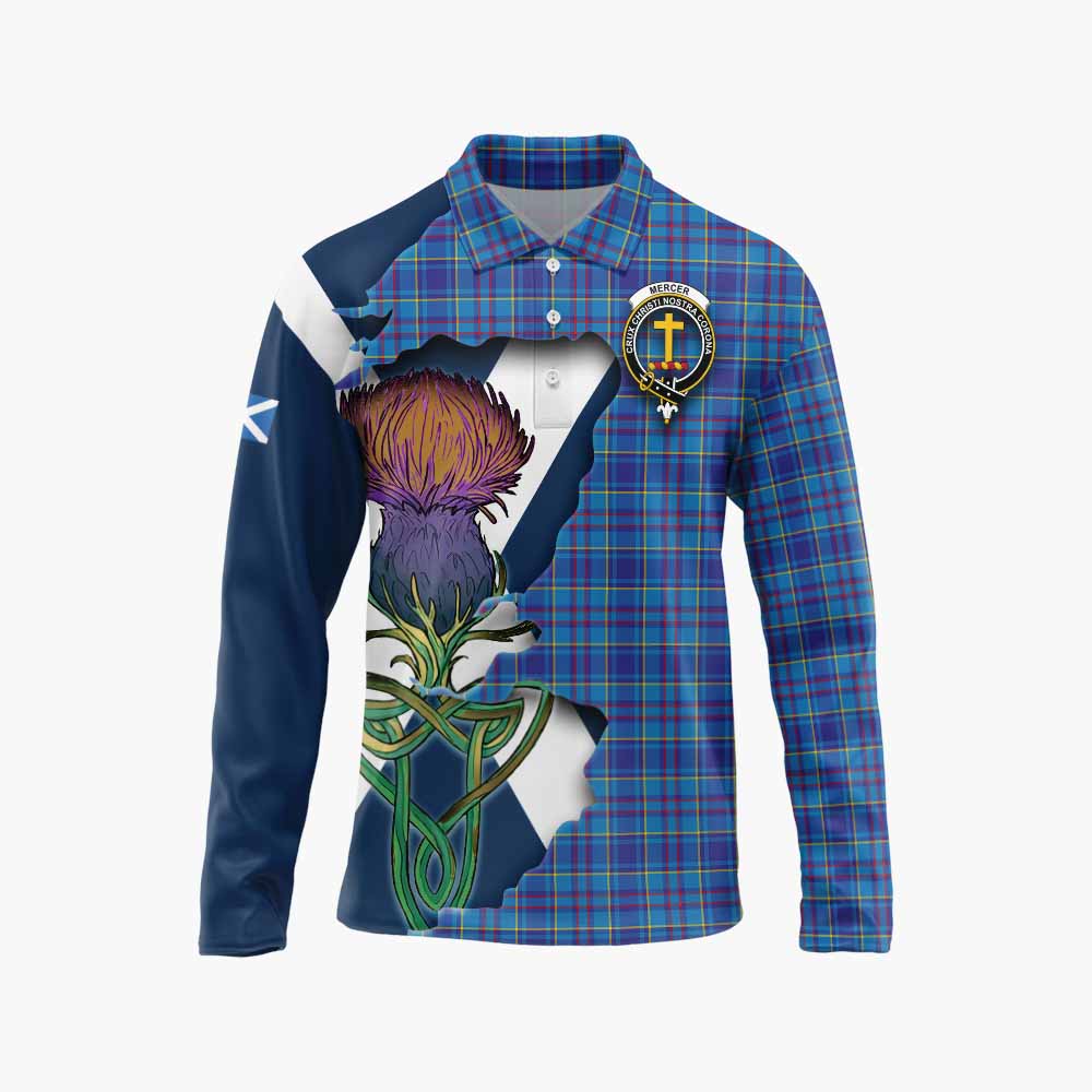 Tartan Vibes Clothing Mercer Tartan Family Crest Long Sleeve Polo Shirt Scottish Thistle Celtic Inspired