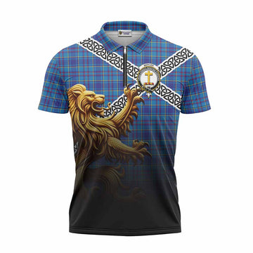 Mercer Crest Tartan Zipper Polo Shirt with Golden Lion Emblem Celtic Style