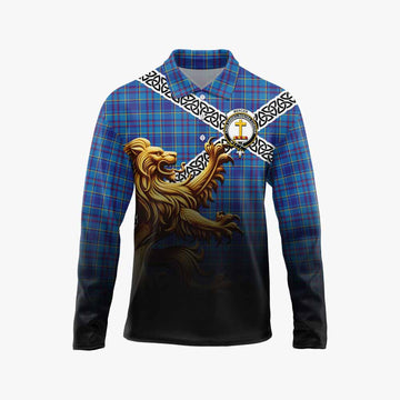 Mercer Crest Tartan Long Sleeve Polo Shirt with Golden Lion Emblem Celtic Style