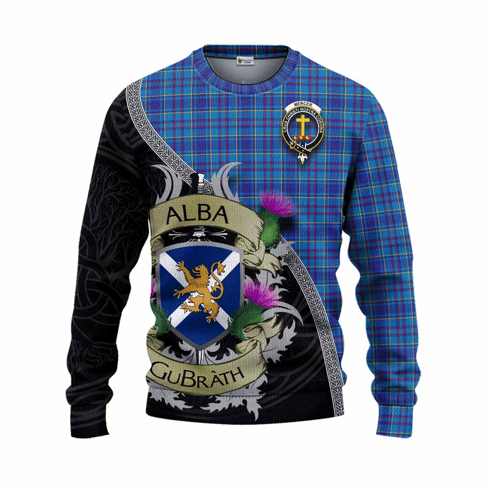 Tartan Vibes Clothing Mercer Tartan Family Crest Knitted Sweater Lion Rampant Royal Thistle Shield Celtic Inspired