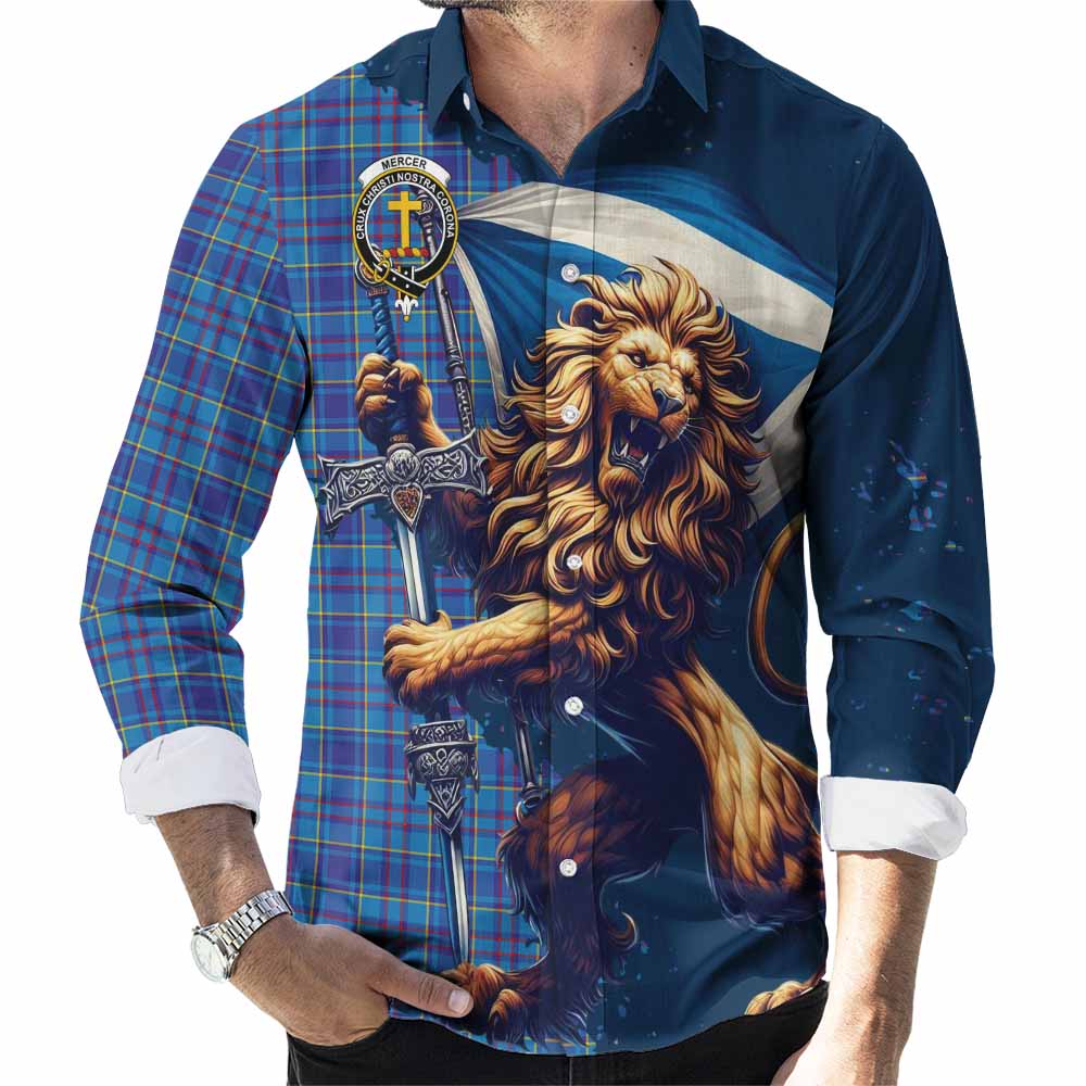 Tartan Vibes Clothing Mercer Tartan Family Crest Long Sleeve Button Shirt with Scottish Majestic Lion
