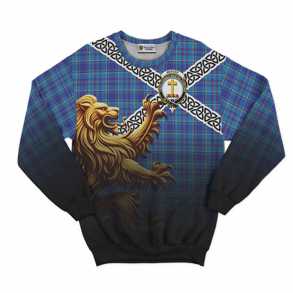 Tartan Vibes Clothing Mercer Crest Tartan Sweatshirt with Golden Lion Emblem Celtic Style