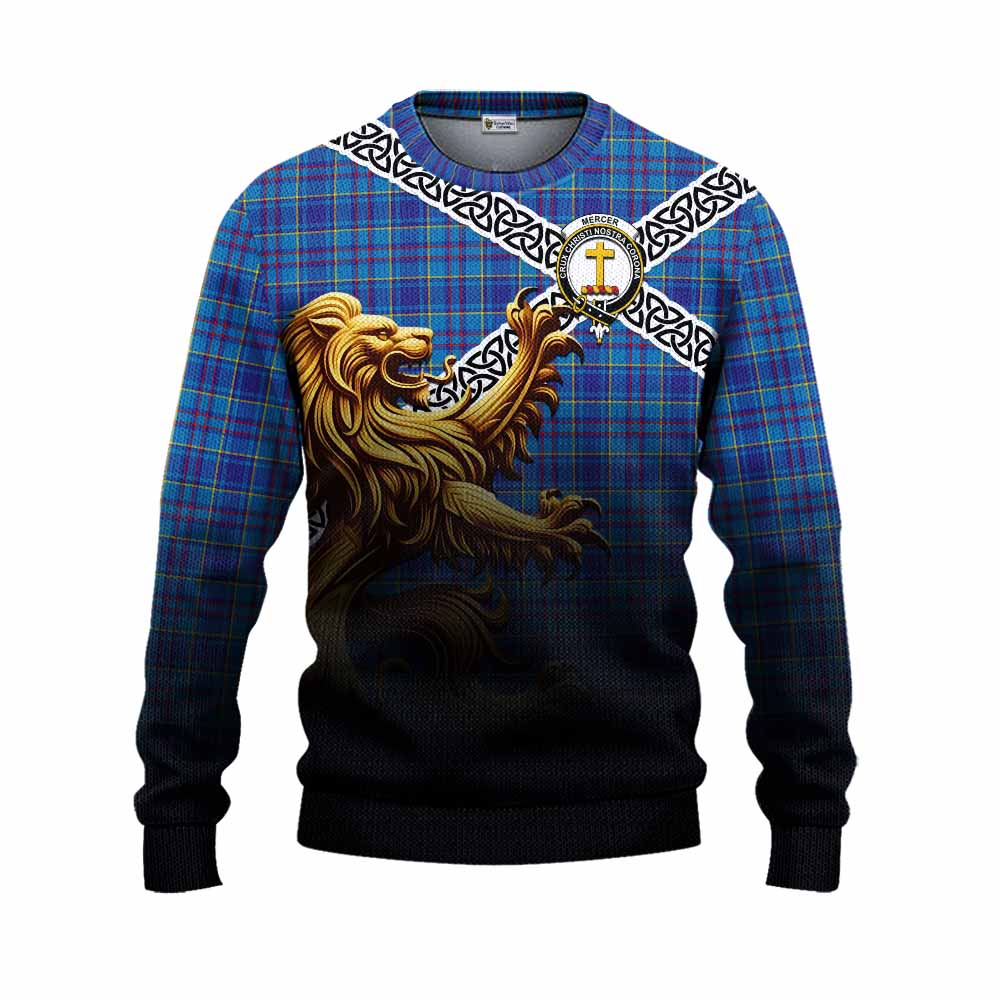 Tartan Vibes Clothing Mercer Crest Tartan Knitted Sweater with Golden Lion Emblem Celtic Style