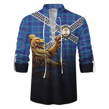 Mercer Crest Tartan Ghillie Kilt Shirt with Golden Lion Emblem Celtic Style