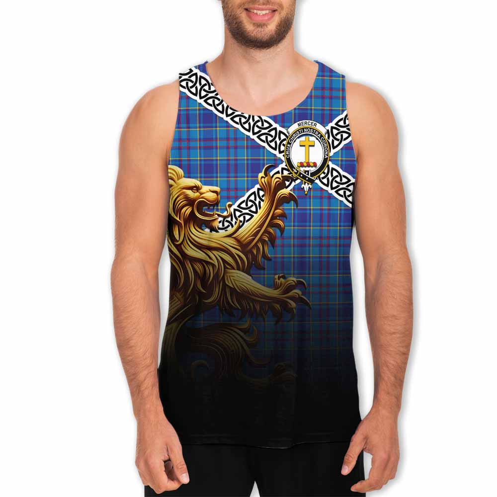 Tartan Vibes Clothing Mercer Crest Tartan Men's Tank Top with Golden Lion Emblem Celtic Style